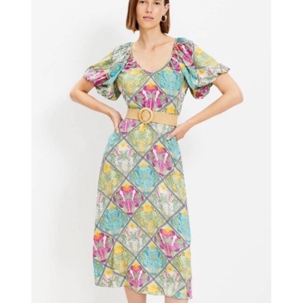 LOFT NWT Palm Raffia Belt V-Neck Midi Dress Tropical Tile Puff Sleeves Sz 4